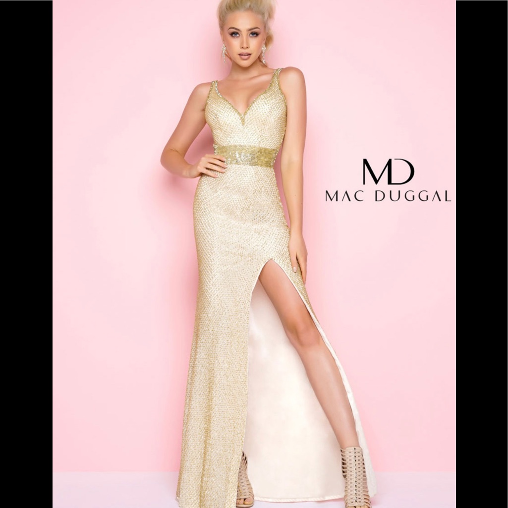 Gorgeous Mac Duggal Gold Beaded Gown